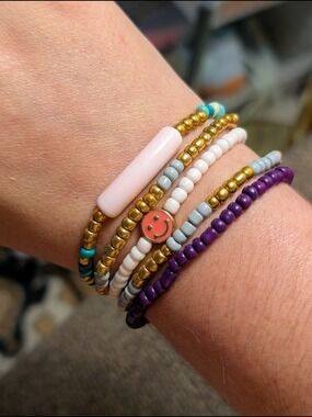 Handmade Multicolor Beaded Bracelet Pink Smile Charm